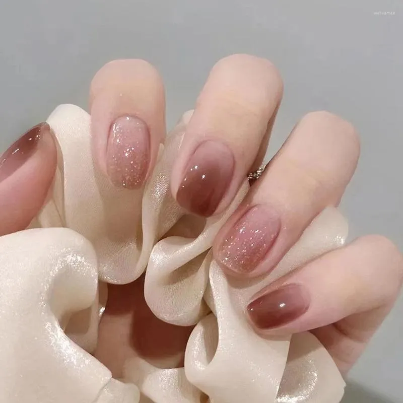 Kunstnagels 24 stuks glanzende gradiëntpers roze glitter Franse middellange lengte acryl nep voor vrouwen en meisjes