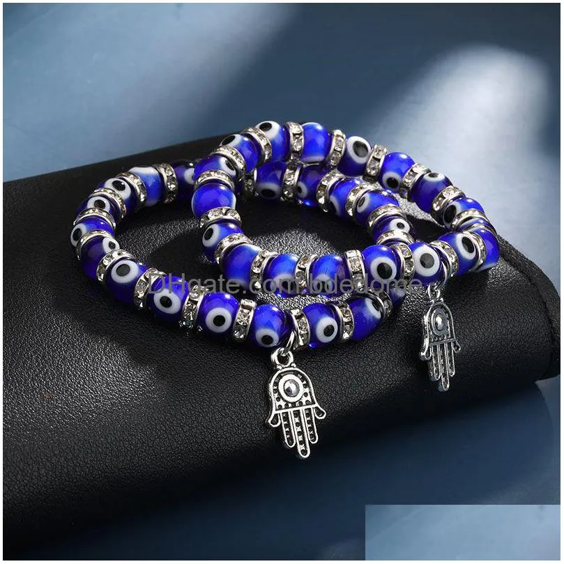 Beaded Hand Evil Blue Eye Charms Strand Bracelets Bangles Beads Turkish Pseras For Women Jewelry Wholesale Jewelry Bracelets Dhxzb