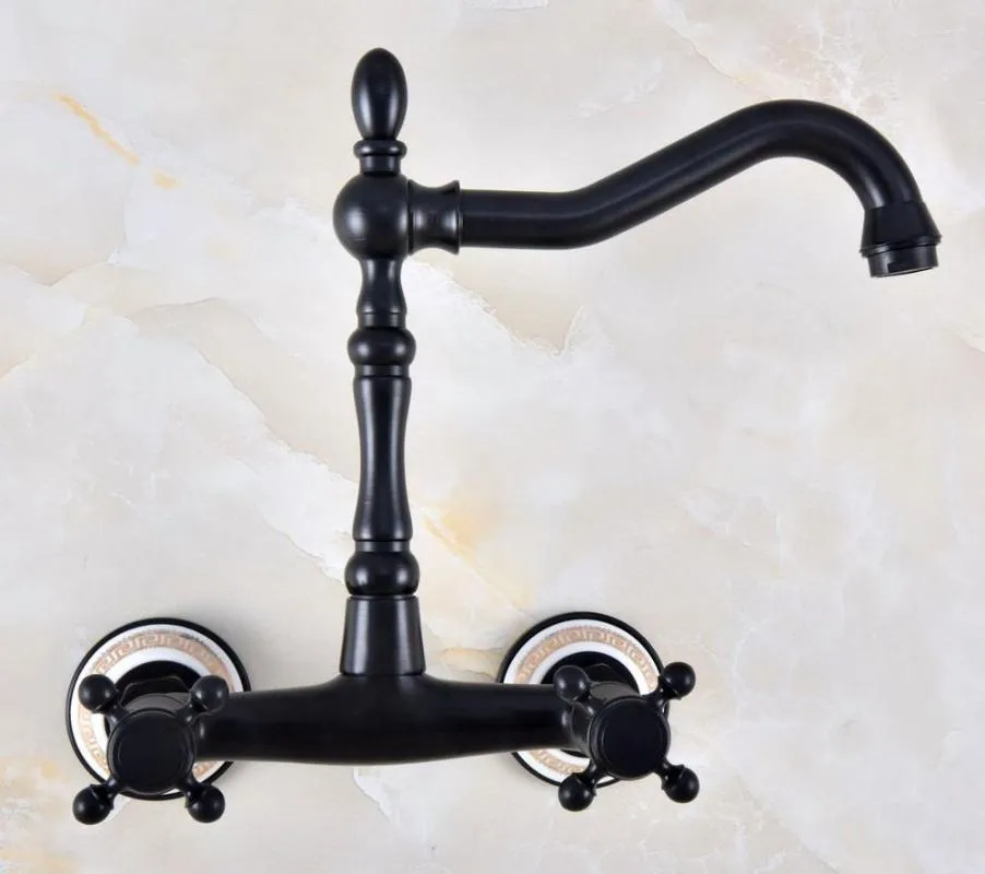 Robinets de cuisine noir huilé Bronze base en céramique mural salle de bain évier robinet pivotant bec mitigeur double poignées croisées Anf873