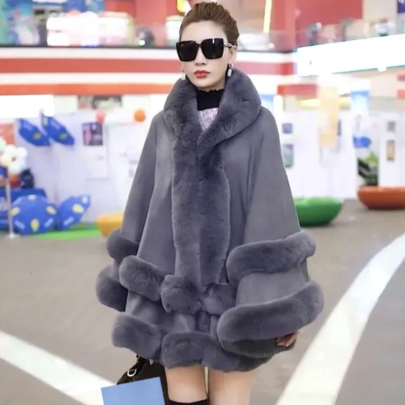 FURE FUR FUA FAUX FURO DOUBLE WARTORY Luksusowy naśladowany króliczne futra futra z kapturem Zima Kobiety Knit Poncho płaszcz faux fur