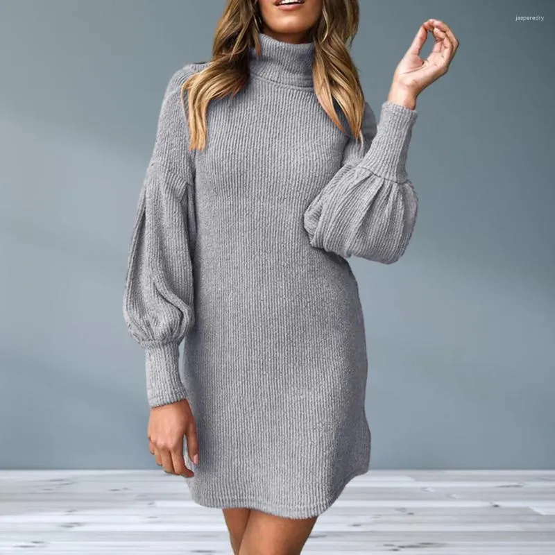 Casual Dresses Women Fall Winter Dress Knitted High Collar Neck Protection Long Lantern Sleeve Loose Thick Warm Thread Robe Sweater