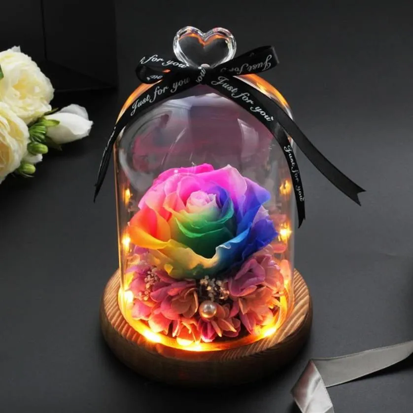 Dekorative Blumenkränze, Heimdekoration, Hochzeitsfeier, Geschenke, echte Blume in einer Glaskuppel auf Holzsockel für den Valentinstag, LED Ro267T