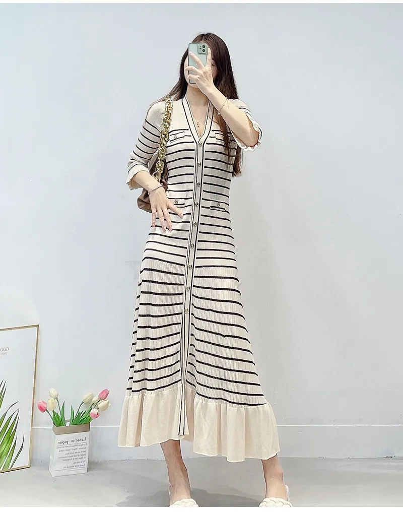 Sandro striped knit long dress with V-neck and ruffle trim from Dhgate  Basic & Casual Dresses - price 114.76