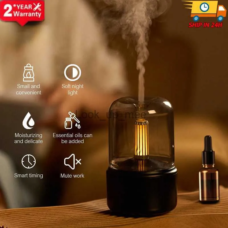 Luftfuktare Nya levande ljus luftfuktare aroma diffusor bärbar cool mist maker 120 ml elektrisk USB-dimmare 8-12 timmar med LED Night Light YQ230928