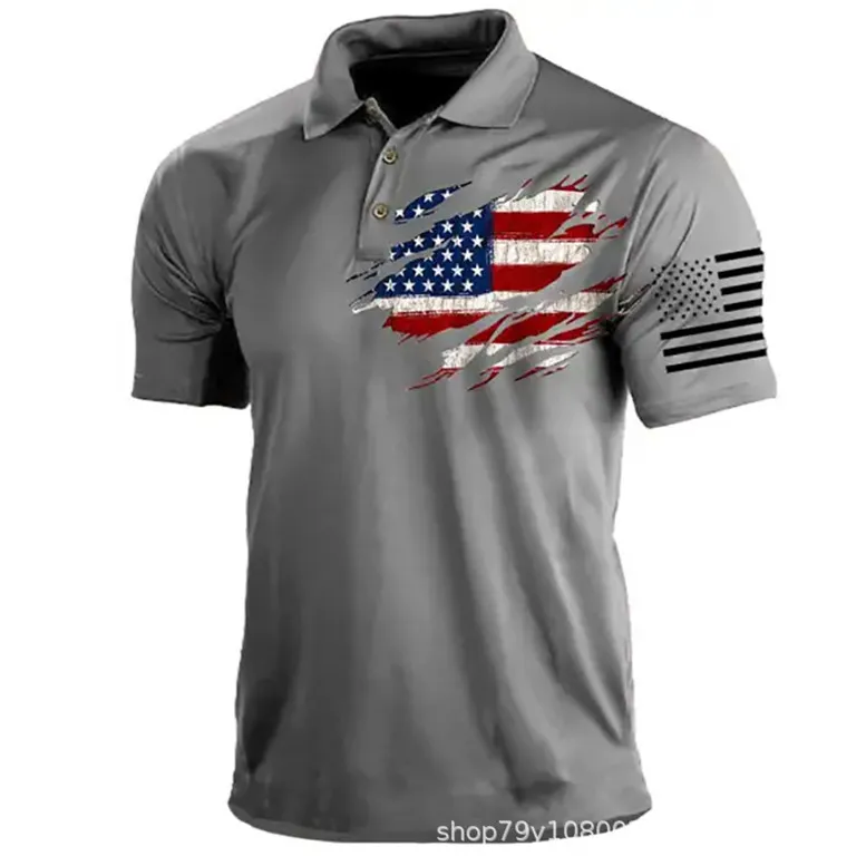 ملابس DIY مخصصة Tees Polos Gray Flag Print Men Men Short Careved Button Printed Pullover Polo Shirt