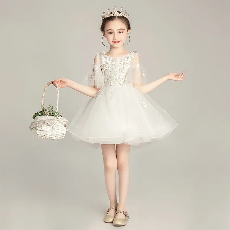 زهرة فتاة الأميرة لباس أبيض فستان الزفاف فستان الأطفال مضيف سهرة لباس صغير الفتاة البيانو الأداء