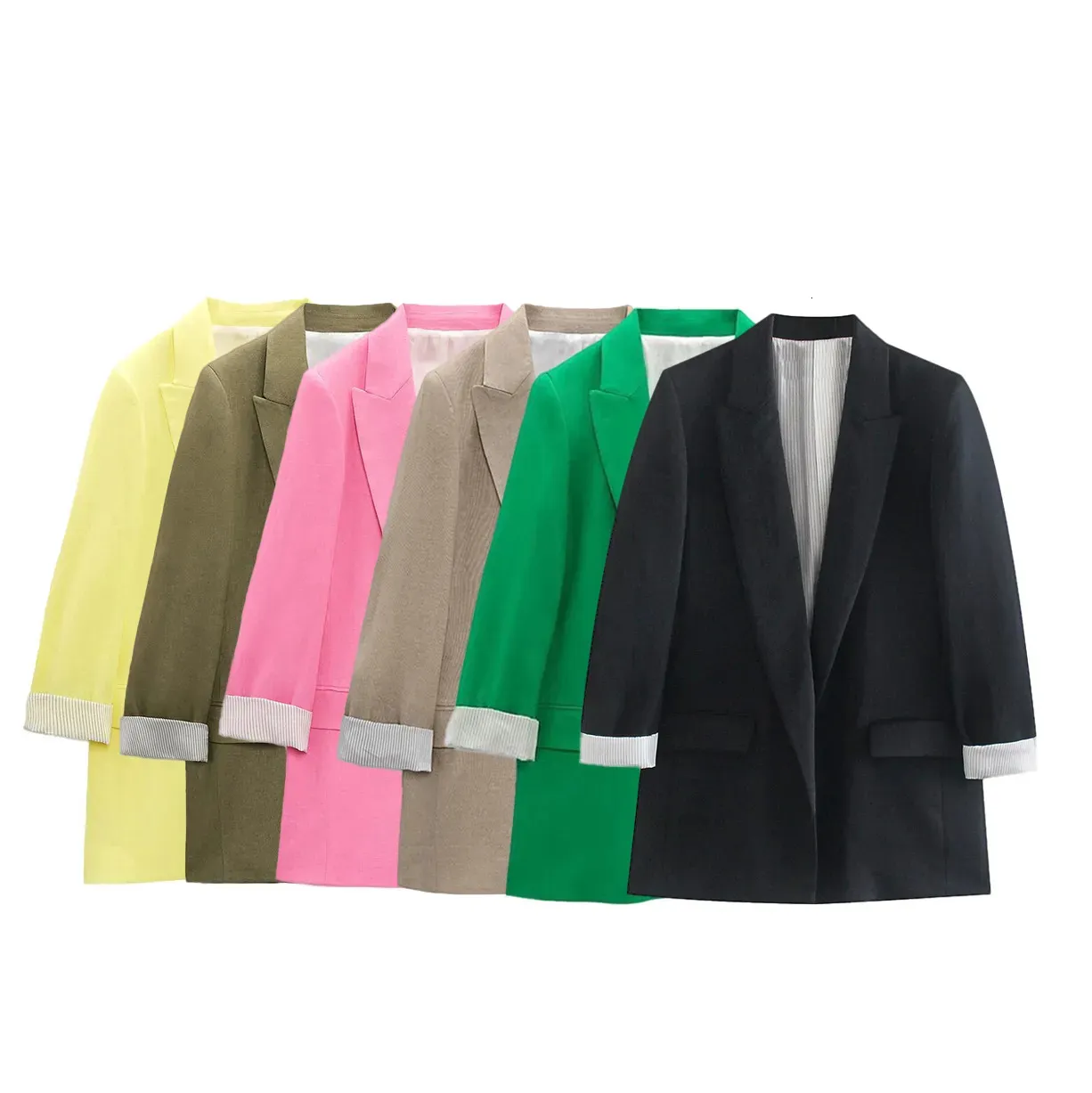 Women's Suits Blazers Women Fashion Print Cuff Linen Blazer Coat Vintage Long Sleeve Welt Pockets Female Outerwear Chic 230927