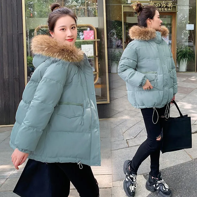 Women's Trench Coats Europe And The United States 2023 Autumn Winter Fashion Big Fur Collar Short Long-sleeved Cotton Coat Down