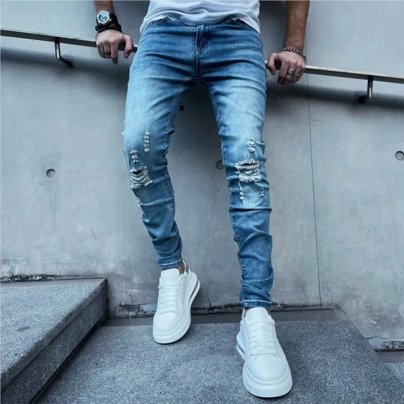 Männer Jeans Neue Mode Retro Loch Skinny Jeans Hosen Männer Gewaschen Blau Baumwolle Denim Hosen Männliche Hohe Qualität Stretch jeans Plus Größe 28-42 230927