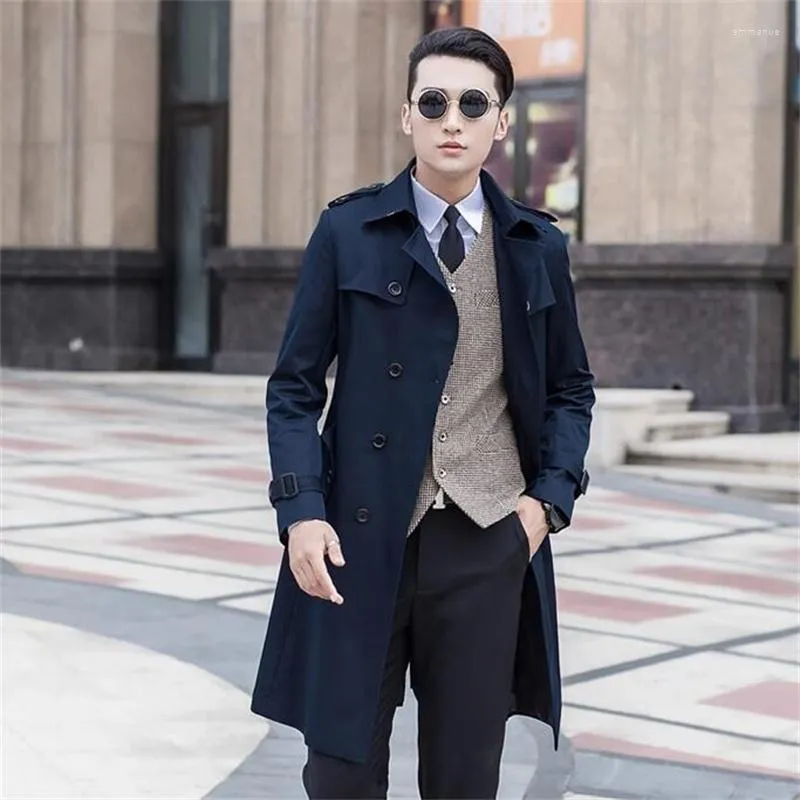 Trench da uomo Coreano Primavera Autunno Lungo Business Gentleman Doppio Petto Abrigo Hombre Veste Homme Casaco Blu Beige