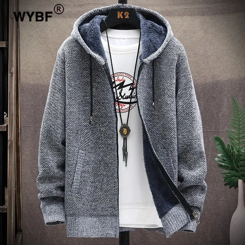 Men's Sweaters Winter Knitted Sweater Print Korean Fashion Clothes Knitwears Clothing Cardigan Hood With Plush And Thickened Fleece 230927