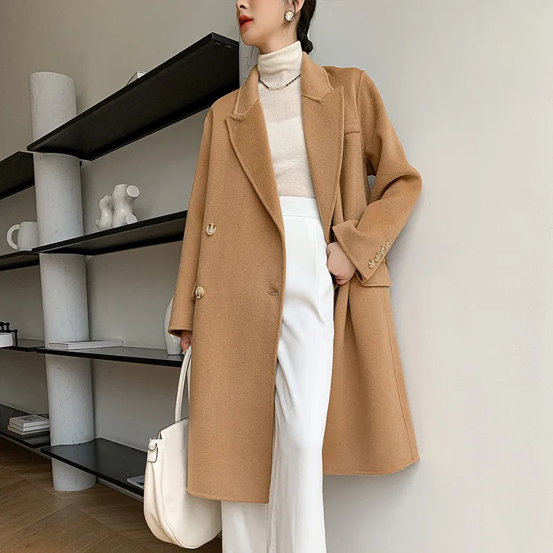 Damen-Wollmischungen, koreanische Damen-Oberbekleidung, handgefertigter Hepburn-Mantel, doppelseitiger doppelreihiger Kaschmir-Langwolljacke, Grau, Ou 230926