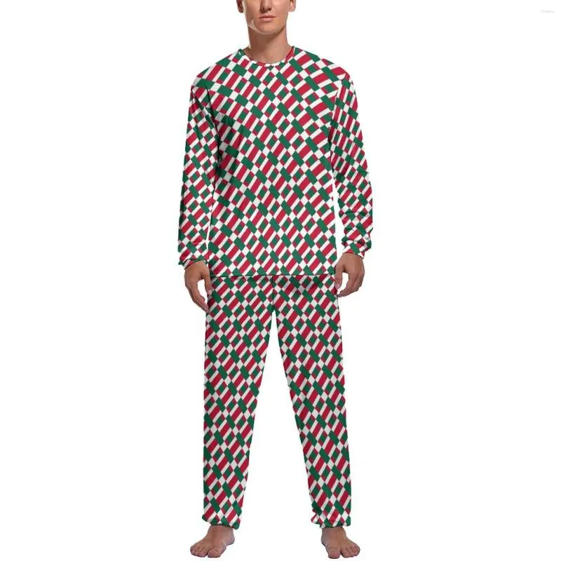 Mäns sömnkläder lapptäcke tryck pyjamas Autumn Red White Block Casual Men 2 Piece Grafiska långa ärmar varma pyjamasuppsättningar