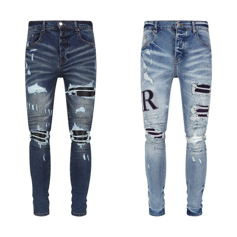 Designer jeans stack europeiska rippade jean män broderi quiltning vikar sömnad design motorcykel ridning cool smal byxa lila jeans för kvinnor mens jeans storlek 30-40