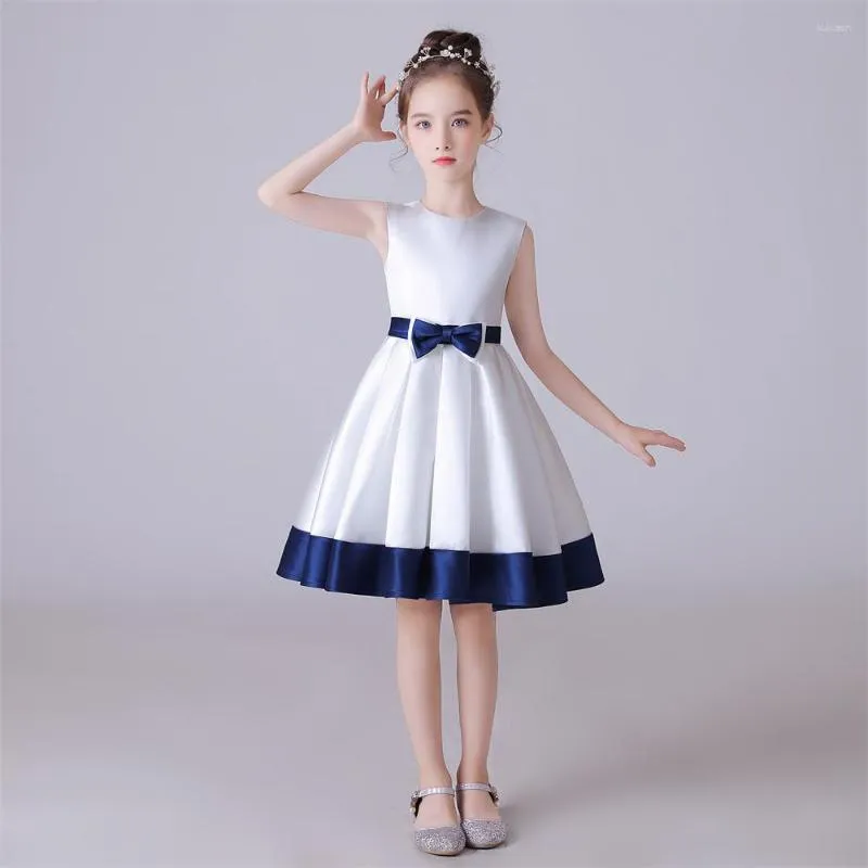 Dideyttawl White Satin Bow Flower 5t Princess Dress For Girls