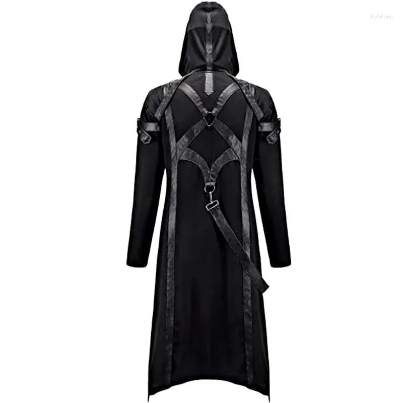 Casacos de Trench Masculinos 2023 Fitas de Couro Patchwork Techwear Casaco Gótico Punk Com Capuz Manto para Homens Halloween Cosplay Long Jacket Traje