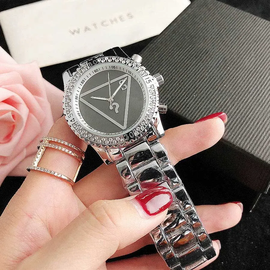 2023 venda quente marca relógios feminino menina diamante cristal triângulo ponto de interrogação estilo metal banda aço quartzo relógio de pulso frete grátis relógio digital