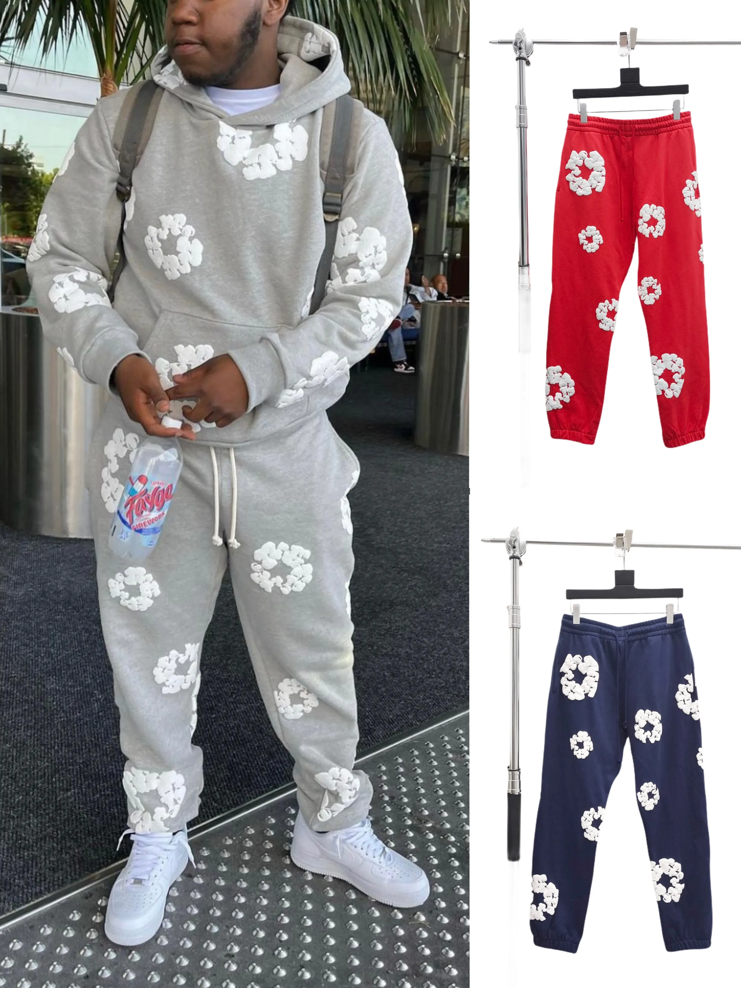 2023New mens Denim Tears the Cotton Wreath pants Women's pure cotton foam kapok bell bottoms Light gray sports pants red pants black pants navy blue pants