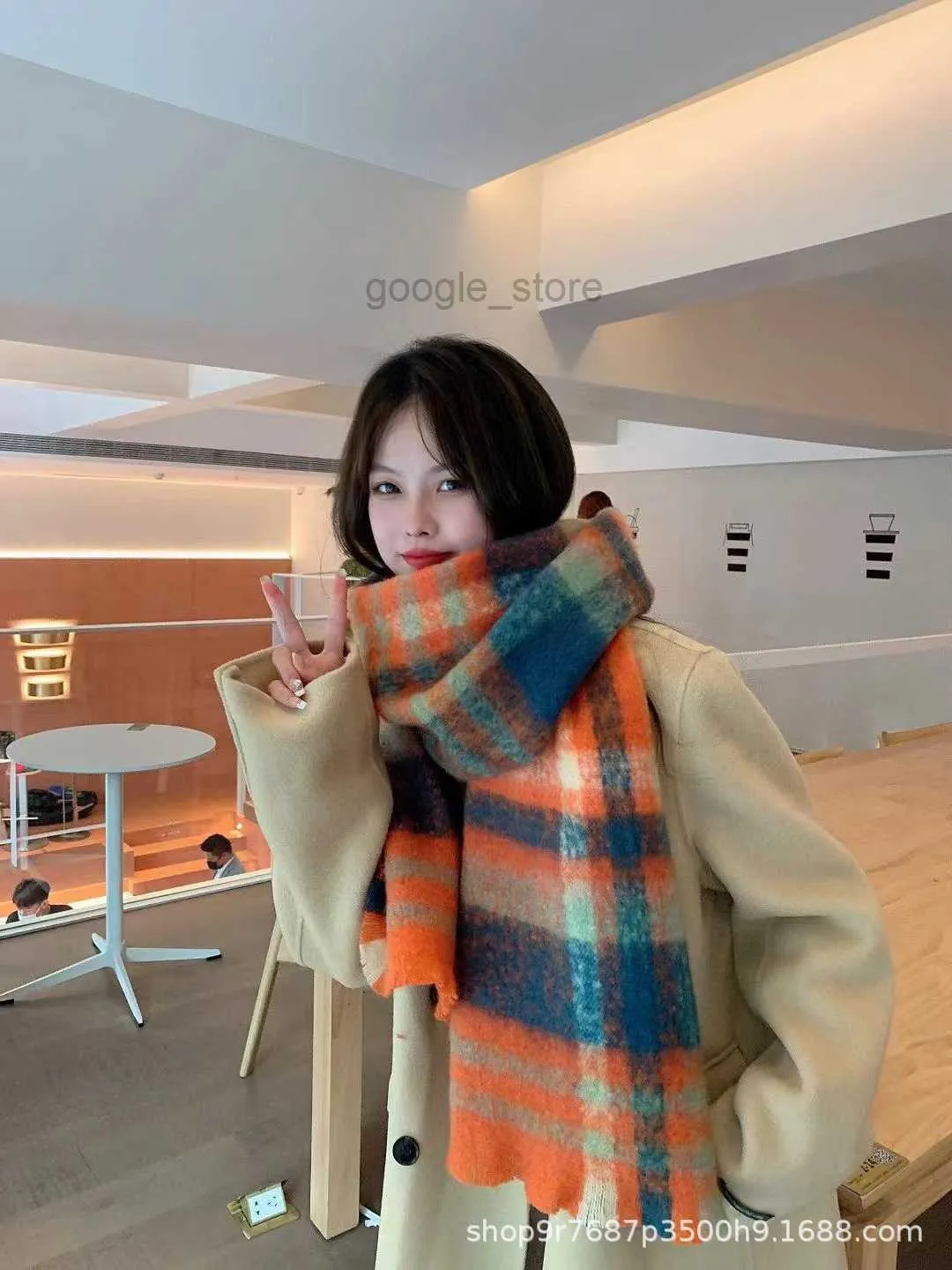 Autumn and Winter Imitation Cashmere Rainbow Ac Scarf Women Nordic Fashion Thickened Warm Colored Plaid Neck Shawl Students