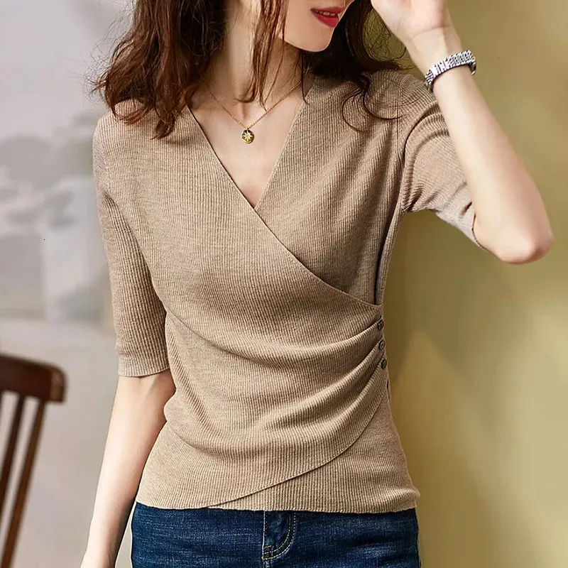 Womens Sweaters Women Sexy V Neck Button Knit T Shirt Solid Half Sleeve Summer Knitwear Tops Elastic Slim Pullovers Retro Ice Silk Sweater S XL 230927 From 32 63 DHgate