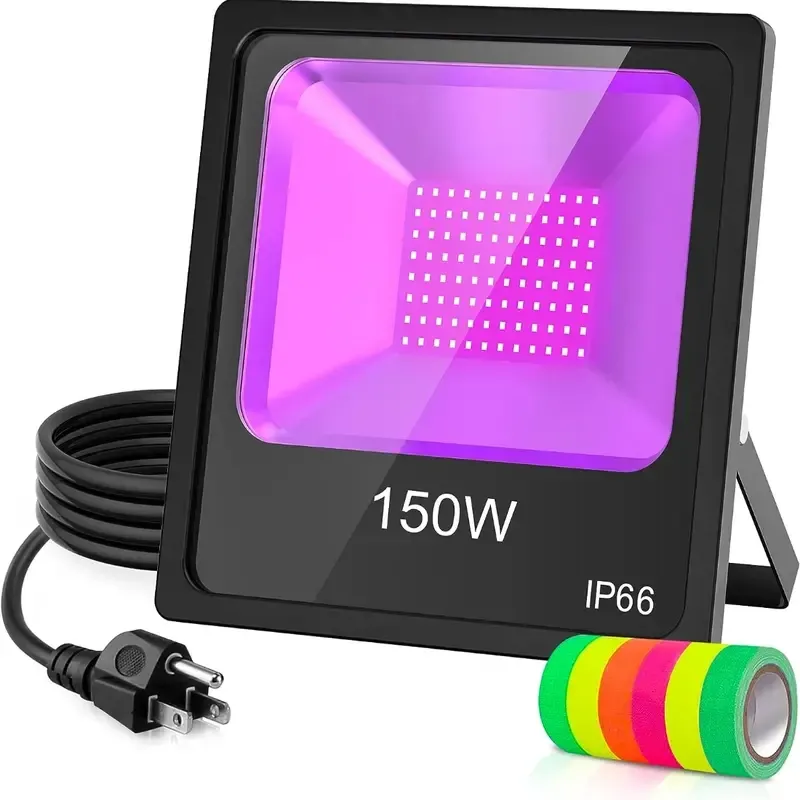 1pc 150W UV Black Light Glow Party, UV Flood Light med plugg (10ft kabel), IP66 Vattentäta svartljus med fluorescerande tejp, till jul, scenbelysning, fluorescerande