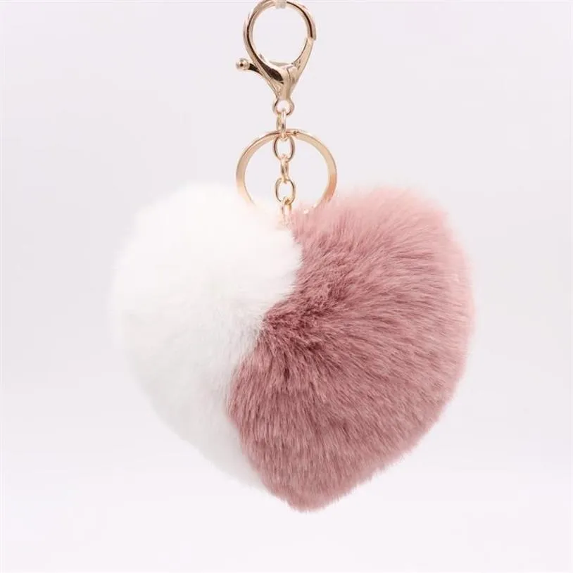 Trendy Double Color Heart Keychains for Women Pom Pom Faux Fur Key Chain Pompom Car Keyring Bag Pendant Accessories1271h