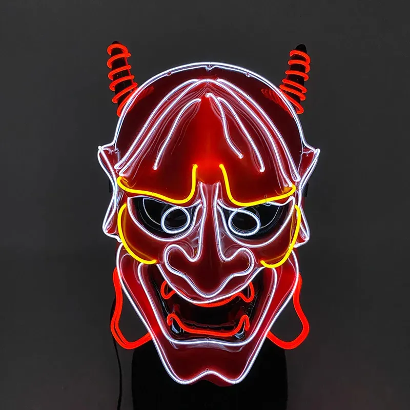 Maschere per feste illuminate Maschera giapponese Oni Devil LED luminoso Prajna Maschera horror Full Face Halloween Bar Puntelli per feste Maschera demoniaca incandescente al neon 230927