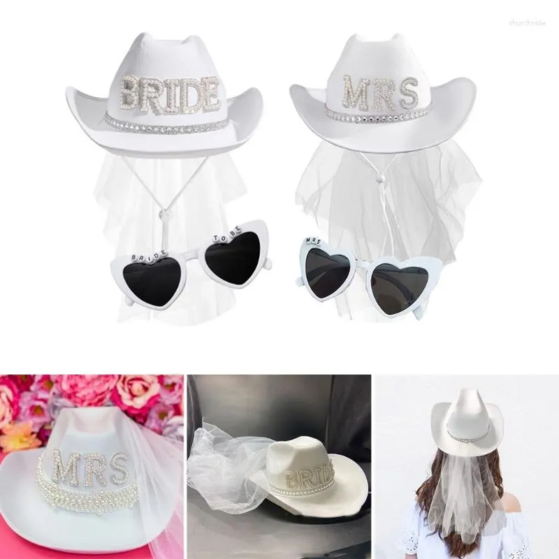 Berets Bridetobe Cowboy Hat Sungalsss Costume Set na Wedding Western Wide Rdzeń Okulowe Akcesoria dla dorosłych 2PCS