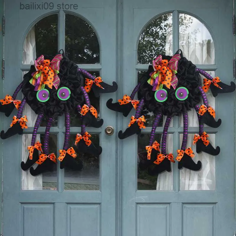 Couronnes de fleurs décoratives Halloween Pendentif de sorcière à plusieurs pattes Fête de vacances Habiller Décoration de porte d'entrée Accessoires d'horreur Porte extérieure suspendue T230927