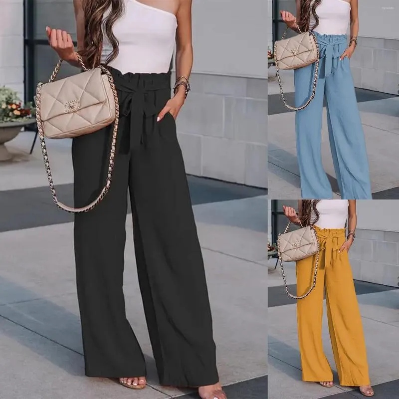 Women's Pants Ladies Summer Trousers Cotton Linen Comfy Pleated Solid Color Tie Up Loose Bohemian Style High Waist Office Lady Suit