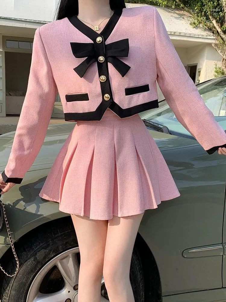 ワークドレスピンクのプリーツスカートミニボウコントラストラペルパフ半袖シャツ女性サマークロップトップ2ピースセット2023