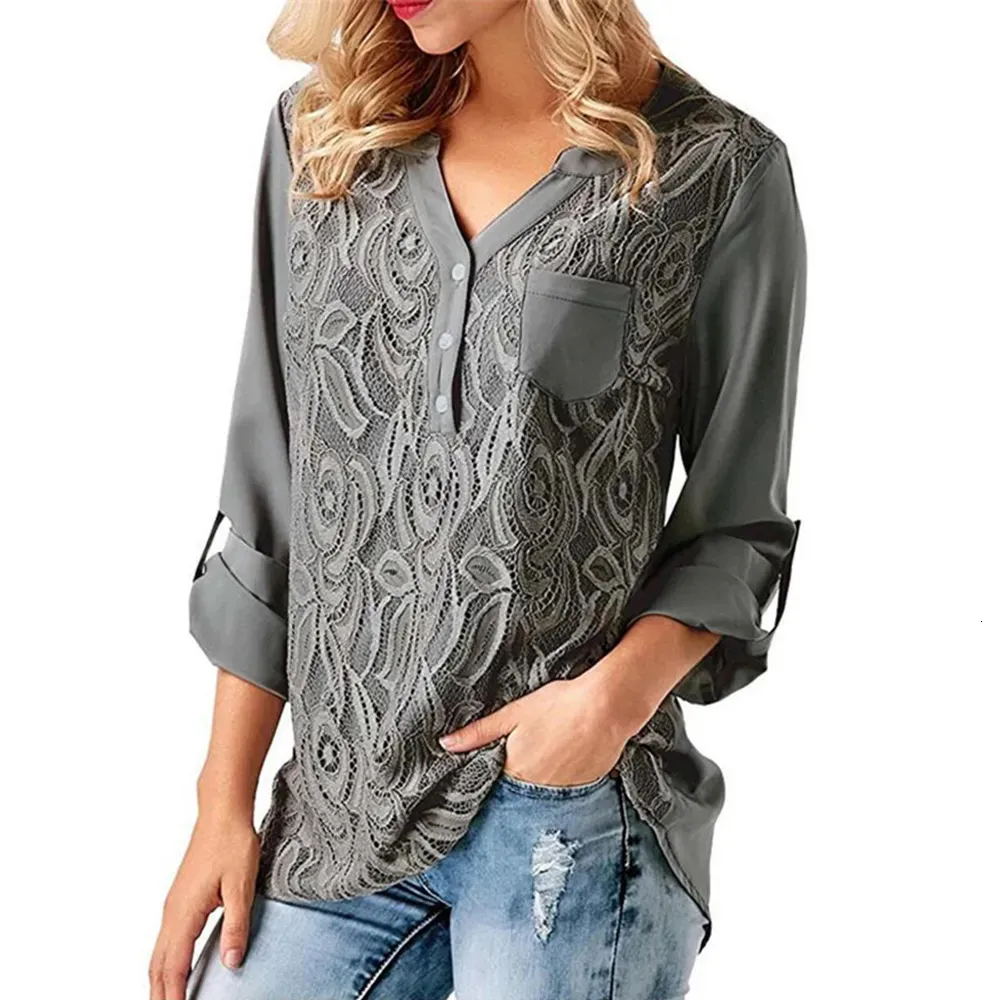 Blouses Femmes Chemises De Grande Taille 2XL Femme Chemisier En Dentelle À Manches Longues Épissure De Base Col En V Hiver Automne Lâche Tops Tee Blusas Femme 230927