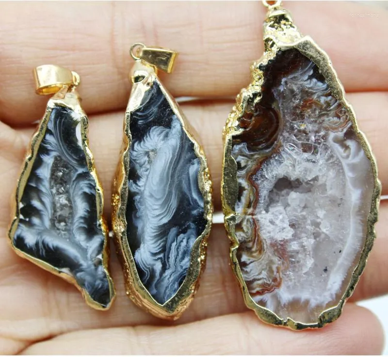 Pendant Necklaces Natural Stone Electroplated Gold Plated Edged Slice Brazilian Agates Geode Druzys Pendants DIY Jewelry Making Men