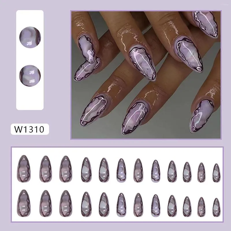 Valentines Day Gift: Eco Friendly Almond Purple Glitter Almond Acrylic  Nails With Wavy Line Edge From Wuhuamaa, $34.72