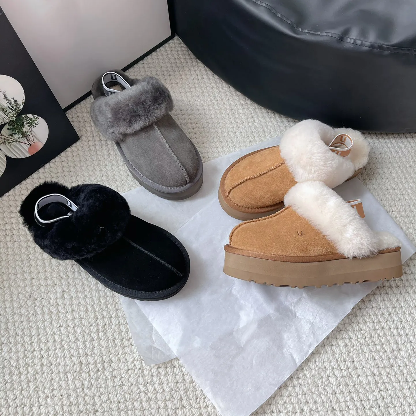 Stylish Womens Platform Slippers Fashion Fur Slides, Sheepskin