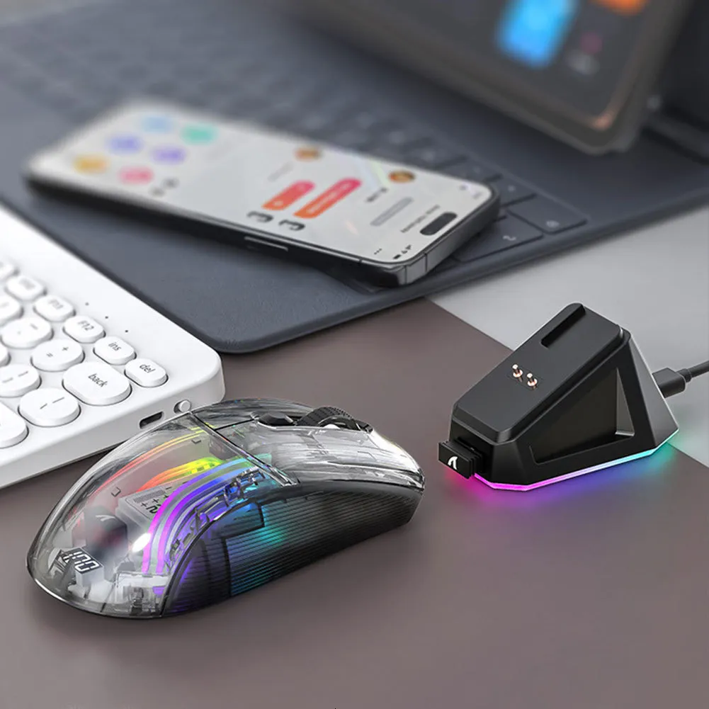 Mouse Mouse wireless ricaricabile RGB con guscio trasparente trasparente Bluetooth con accessori per laptop da gioco USB da 2 4GHz 230927