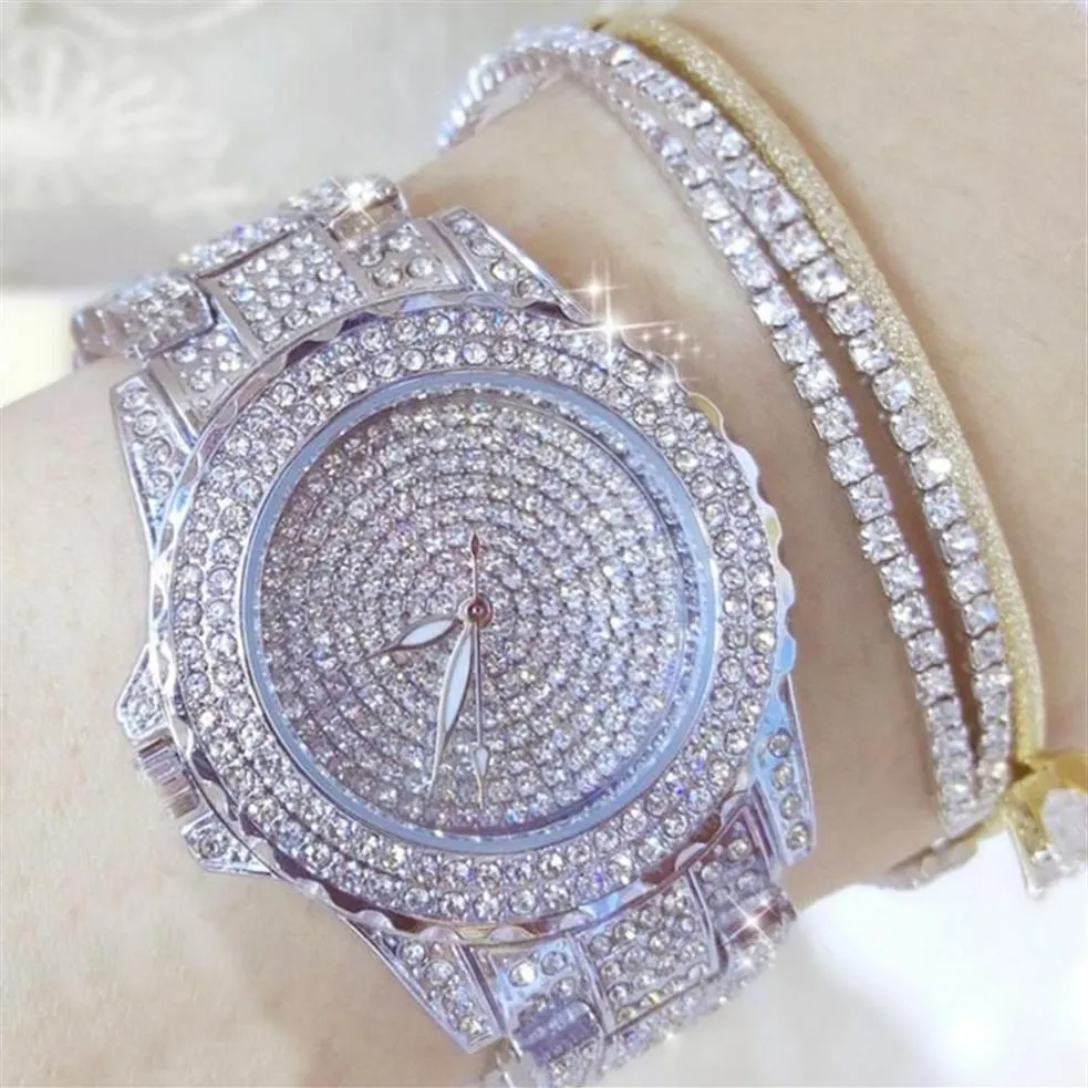 Montres-bracelets Bling dames montres-bracelets robe or Montre femmes cristal diamant acier inoxydable argent horloge Montre Femme AAWristwa1958