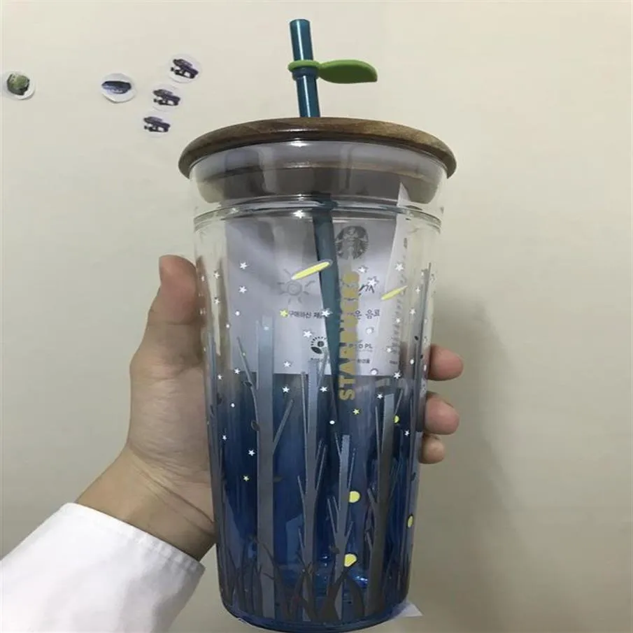 Limited Edition Mugs Wooden Lid Starry Sky Firefly Glass Straw Cup Large Capacity299L