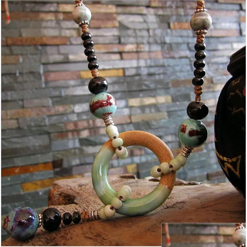 Chaînes de brins entièrement faites à la main longs colliers Chine Miao Céramique Perles Pendentif Chandail Chaîne Vêtements Accessoires Top Drop Livrer Dhsg7