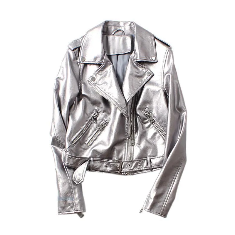 Glossy Silver Faux Leather Motorcycle Jacket with Belt for