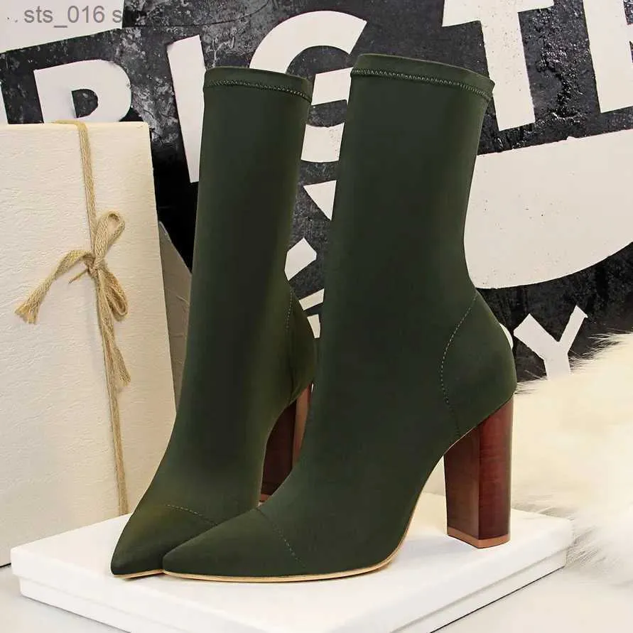 Stövlar Mid-Calf Boots 2023 Nya stretchstrumpstövlar Chunky Block Heels High Heels Fetisch Sexiga högklackade stövlar Silkskor Kvinnor Stövlar 43 T230927