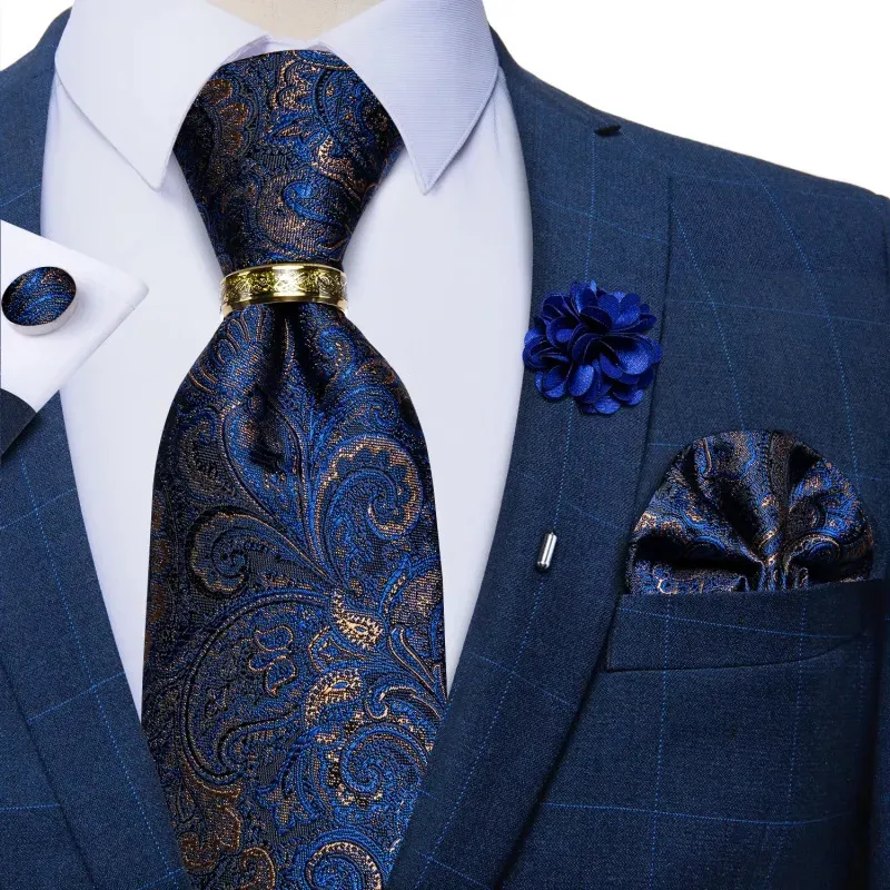 Neckband Luxury Blue Gold Paisley Silk Ties for Men Business Wedding Neck Set Set With Tie Ring Brooch Pin Men's Cufflinks Pocket Square 231013