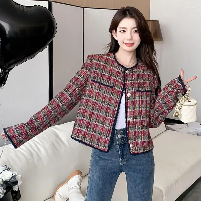 女性用ジャケット高級デザイナー冬の格子縞のオフィスツイードジャケットコート女性ビンテージウールコート韓国のファッションストリートウェアの服