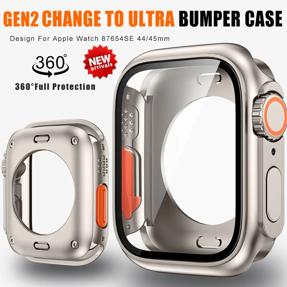 Mudar para ultra 360 capa completa para apple watch 45mm 44mm protetor de tela de vidro temperado para iwatch series9 8 7 6 se 5