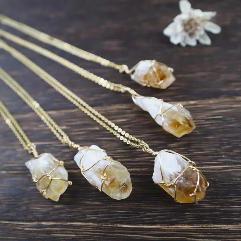 Pendant Necklaces Citrine Raw Stone Necklace Hand-tied Copper Wire Stainless Steel Chain Each One Is Different Random Delivery Gifts