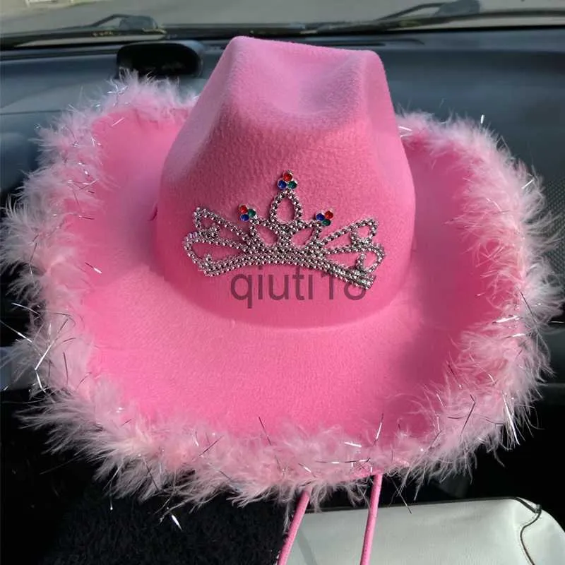 Ball Caps Pink Tiara Western Style Cowgirl Hats for Women Girl Rolled Fedora Caps Feather Edge Beach Cowboy Hat Sequin Western Party Cap x0927
