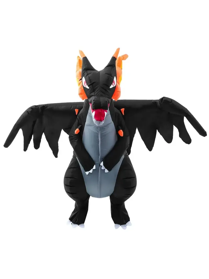 Costume de dragon de feu noir gonflable pour la taille des adultes, costumes d'Halloween pour hommes, costume de soufflage amusant pour le cosplay