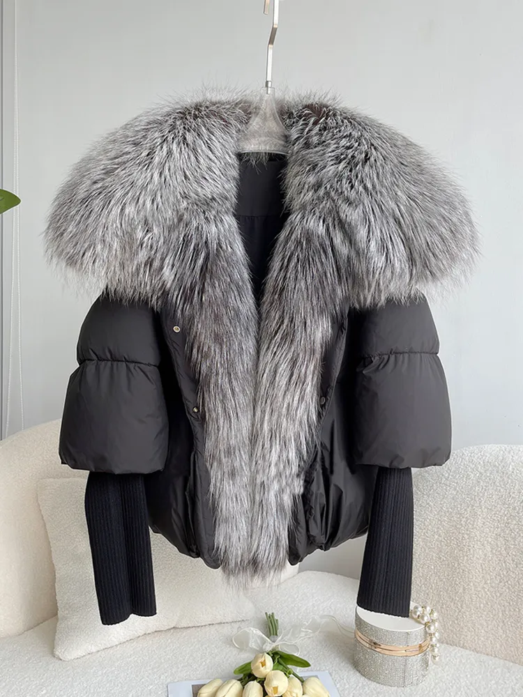 Women's Down Parkas Janveny Large Real Silver Fur Collar White Duck Down Jacket Women Winter Luxury Puffer Coat Oversize Feather Outwear 230926