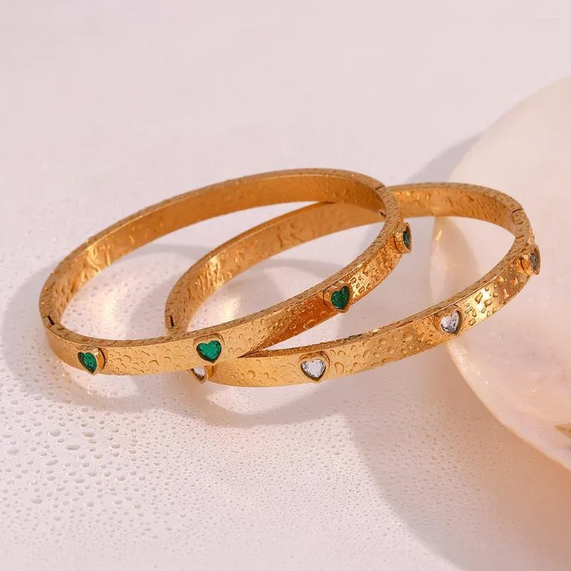Brazalete romántico verde transparente con forma de corazón de circón que se puede abrir, brazaletes para mujer, pulsera de acero inoxidable resistente al agua, joyería