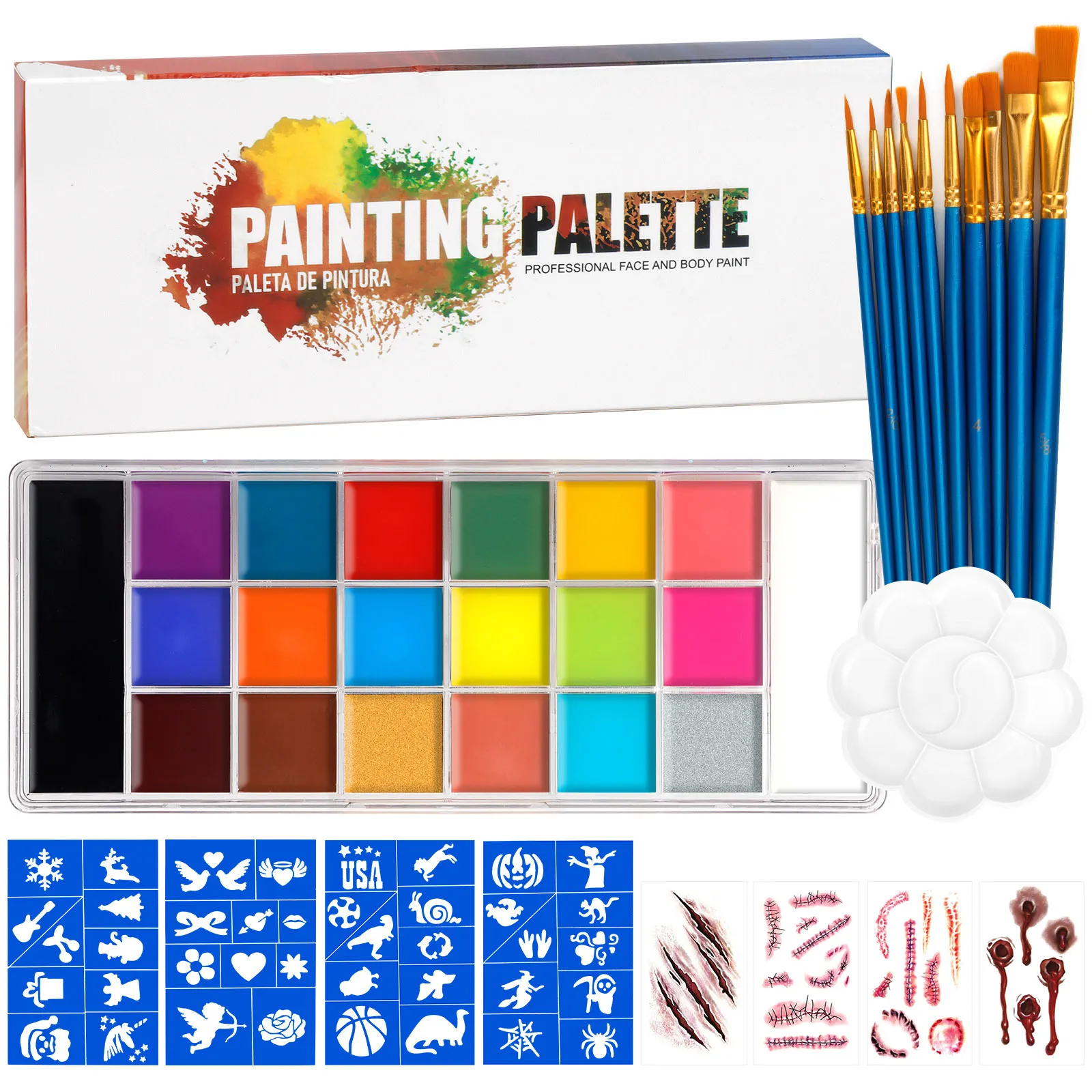 Peinture pour le corps Huile de peinture pour le corps pour le visage 20 couleurs avec 10 pinceaux 1 plateau de palette et 4 pochoirs 4 autocollants de tatouage de cicatrice pour le maquillage Halloween Cosplay 230926